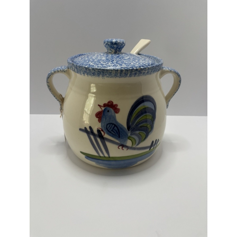 Rare Vintage 1970s Los Angeles Pottery‎ Blue Stipple Rooster Tureen w/ Laddle